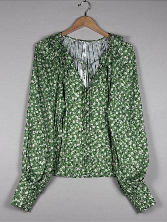 Anthropologie Tops - Anthropologie Floral Peasant Blouse Green Boho Tie Neck Long Sleeve NWT L